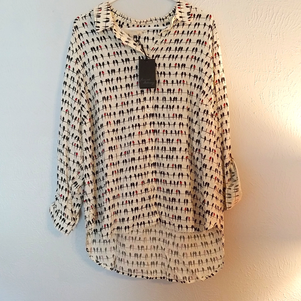 Jane and Delancey off white parrot button down shirt